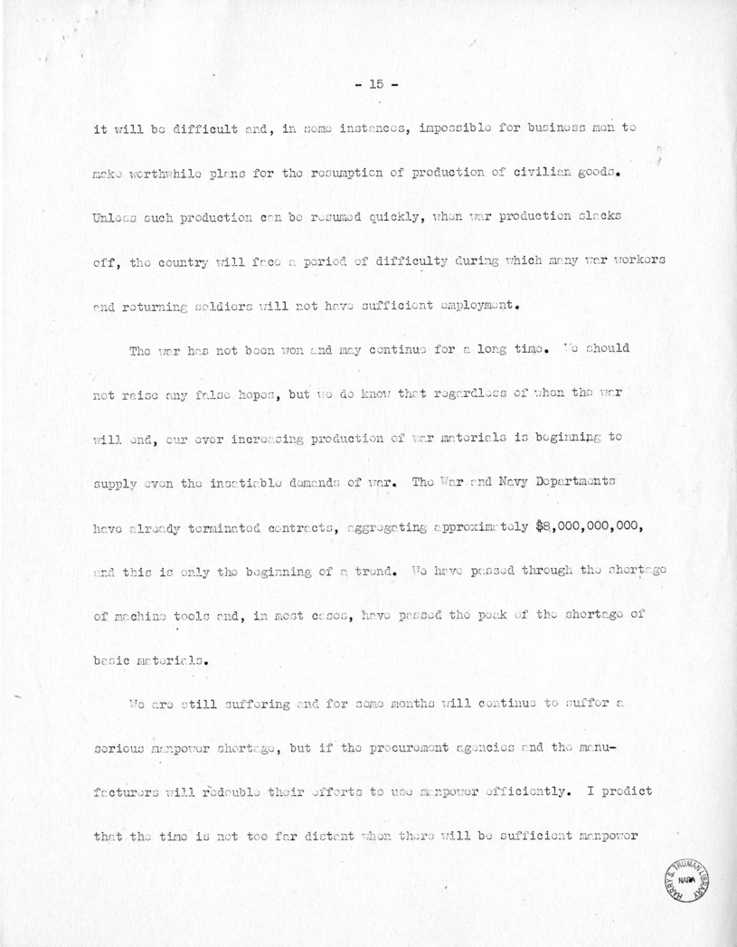 Speech of Senator Harry S. Truman Before the National Conference of the Society for Advancement of Management at New York, New York