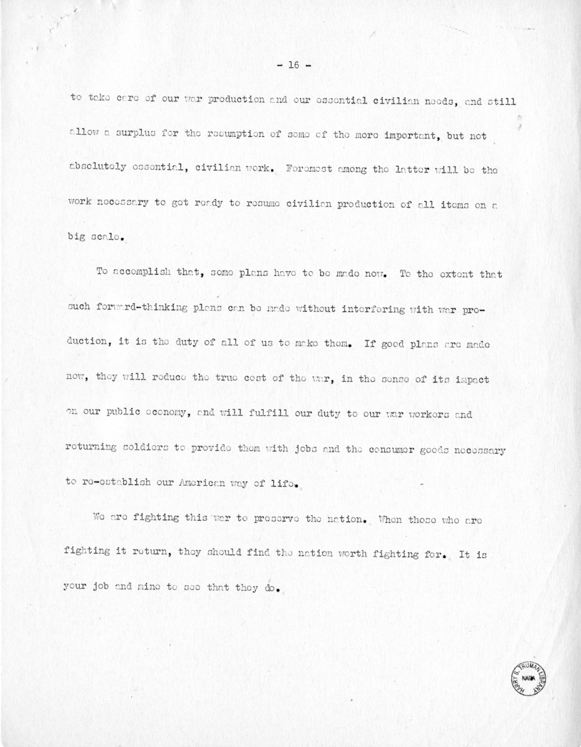 Speech of Senator Harry S. Truman Before the National Conference of the Society for Advancement of Management at New York, New York