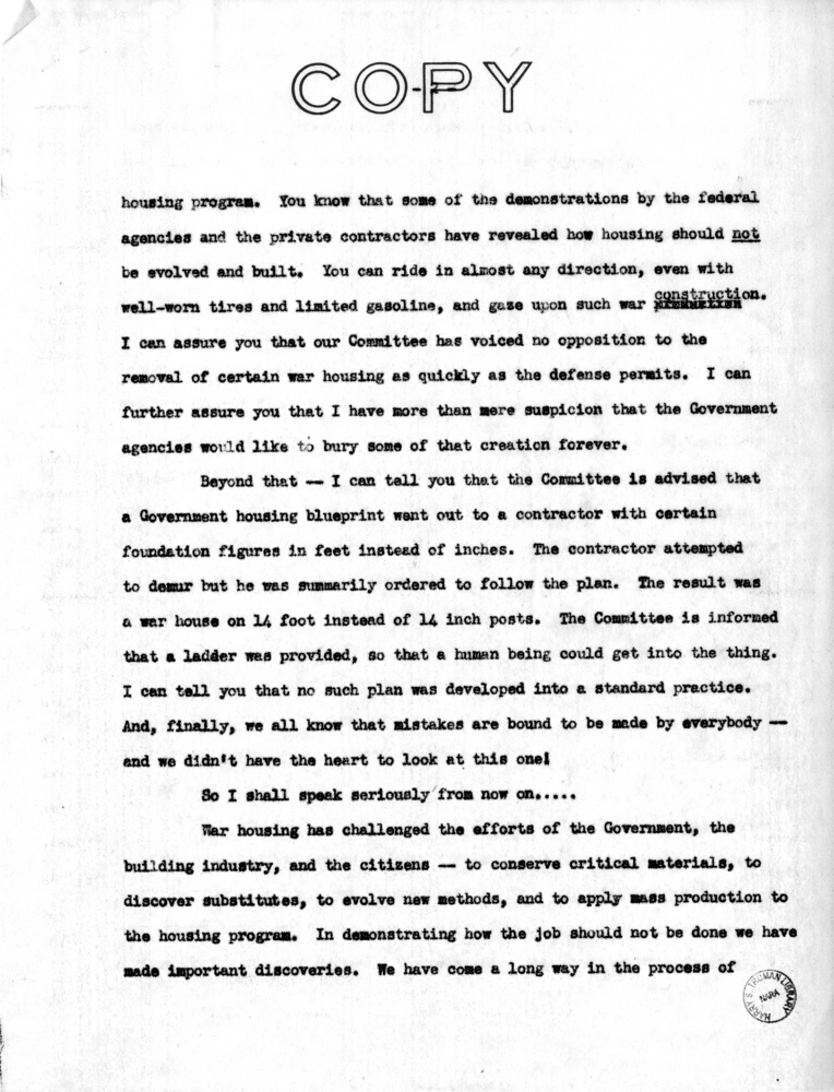 Speech of Senator Harry S. Truman Before the Kansas City Real Estate Board at Kansas City, Missouri