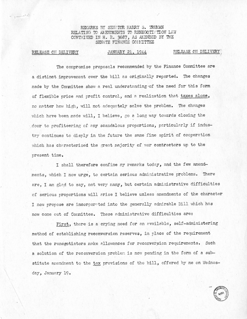 Remarks by Senator Harry S. Truman Relating to Amendments to Renegotiation Law Contained in H. R. 3687
