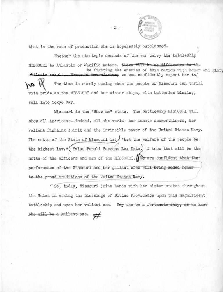 Draft Speech of Senator Harry S. Truman at the Launching of the USS Missouri, Delivered at Brooklyn, New York