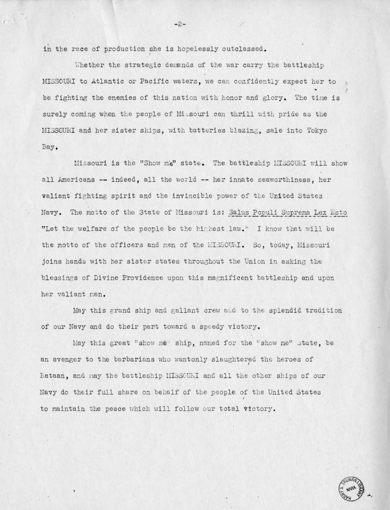 Speech of Senator Harry S. Truman at the Launching of the USS Missouri at the Brooklyn Naval Yard, New York