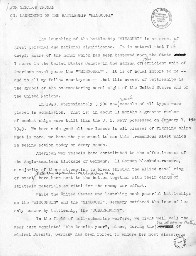 Draft Speech of Senator Harry S. Truman at the Launching of the USS Missouri at Brooklyn, New York