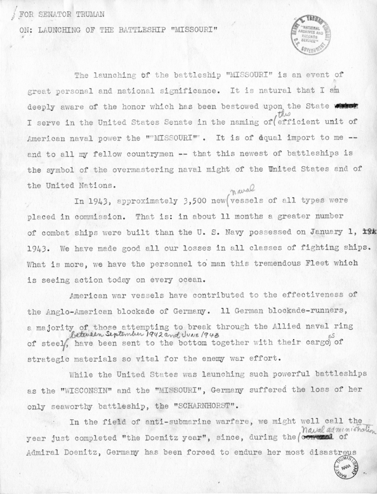 Draft Speech of Senator Harry S. Truman at the Launching of the USS Missouri at Brooklyn, New York