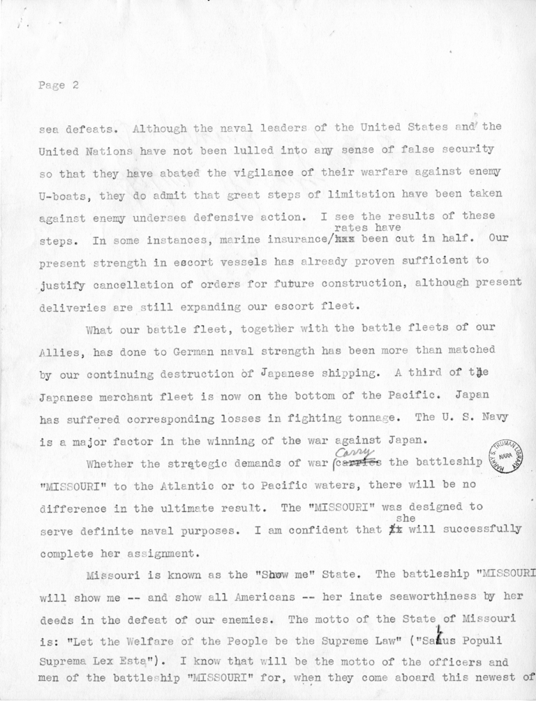 Draft Speech of Senator Harry S. Truman at the Launching of the USS Missouri at Brooklyn, New York