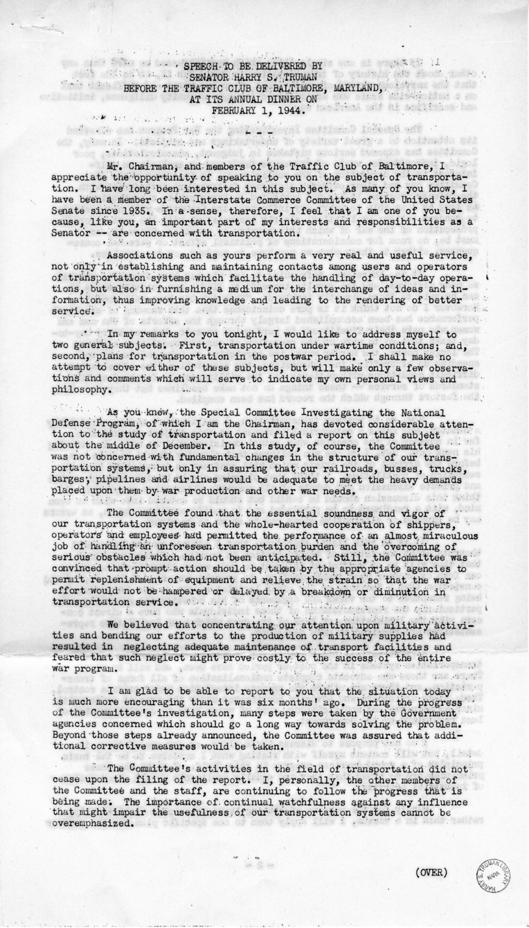 Speech of Senator Harry S. Truman Before the Traffic Club at Baltimore, Maryland