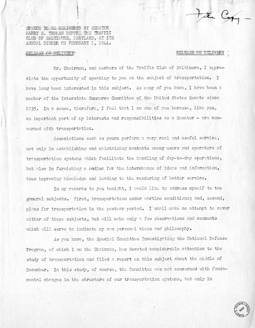 Draft Speech of Senator Harry S. Truman Before the Traffic Club of Baltimore, Maryland