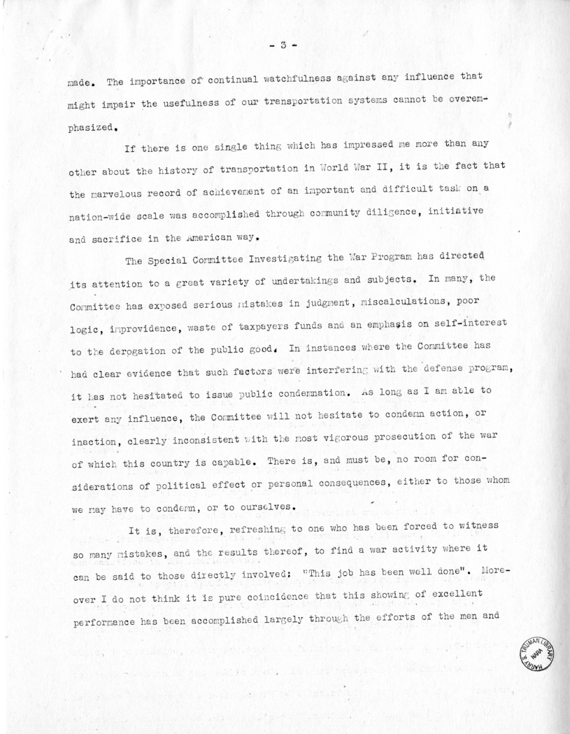 Draft Speech of Senator Harry S. Truman Before the Traffic Club of Baltimore, Maryland