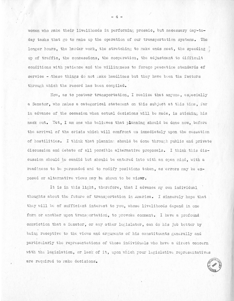 Draft Speech of Senator Harry S. Truman Before the Traffic Club of Baltimore, Maryland
