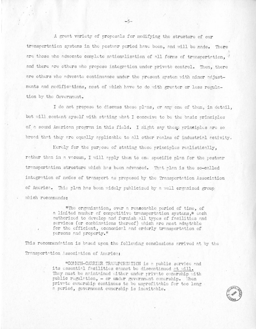 Draft Speech of Senator Harry S. Truman Before the Traffic Club of Baltimore, Maryland