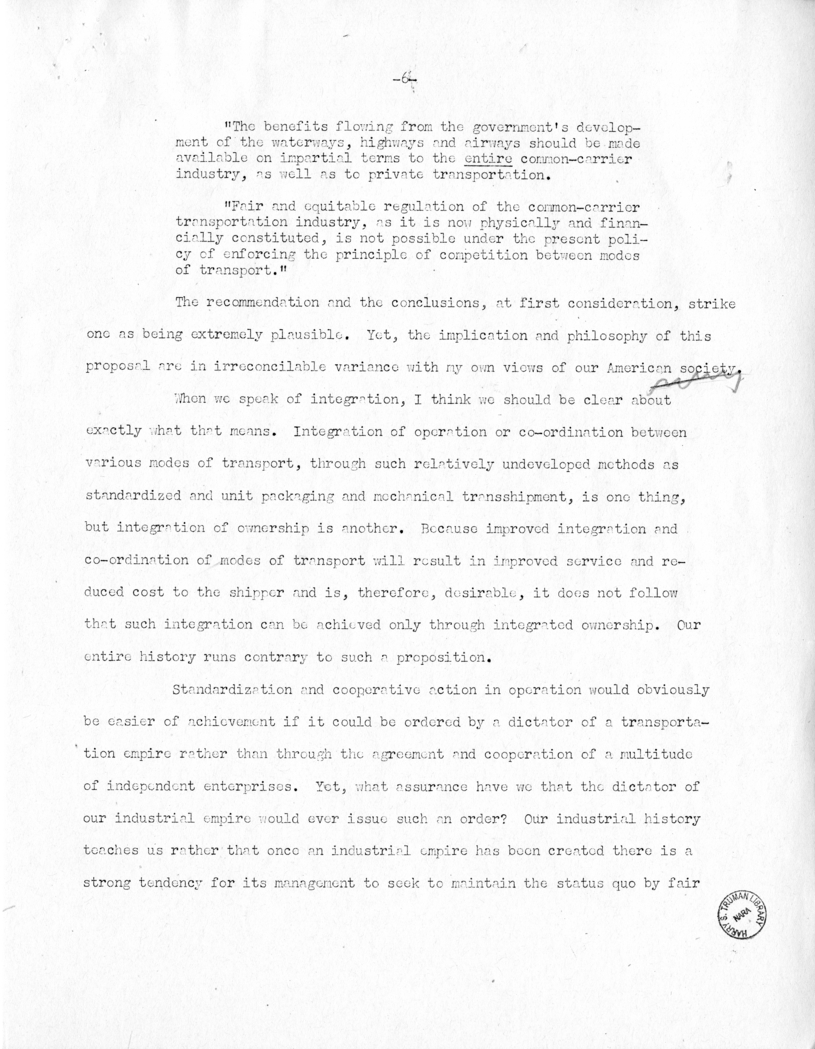 Draft Speech of Senator Harry S. Truman Before the Traffic Club of Baltimore, Maryland