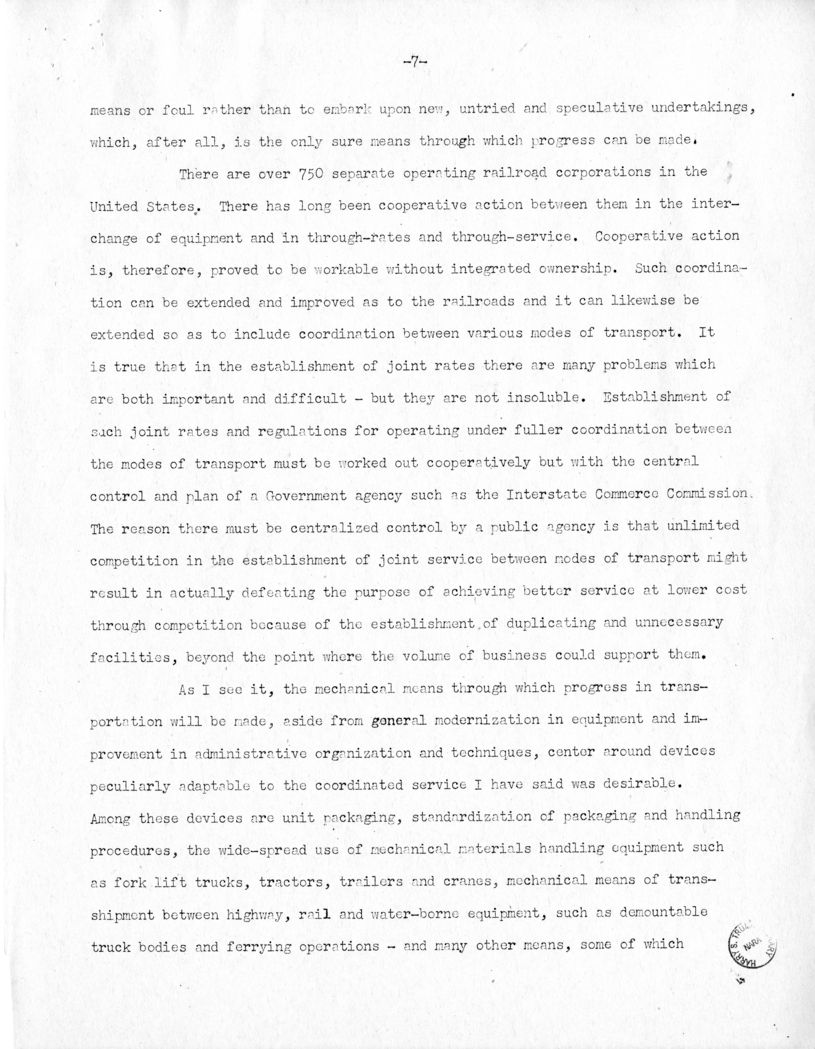 Draft Speech of Senator Harry S. Truman Before the Traffic Club of Baltimore, Maryland