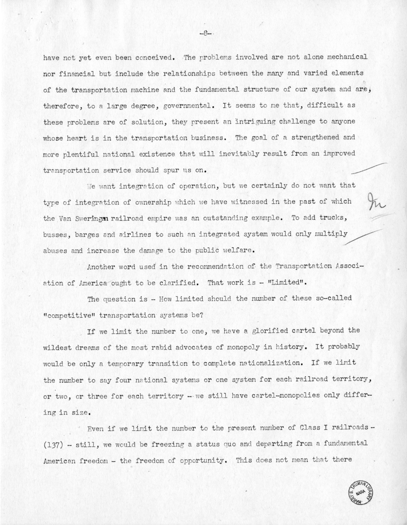 Draft Speech of Senator Harry S. Truman Before the Traffic Club of Baltimore, Maryland