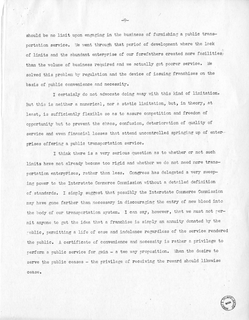 Draft Speech of Senator Harry S. Truman Before the Traffic Club of Baltimore, Maryland