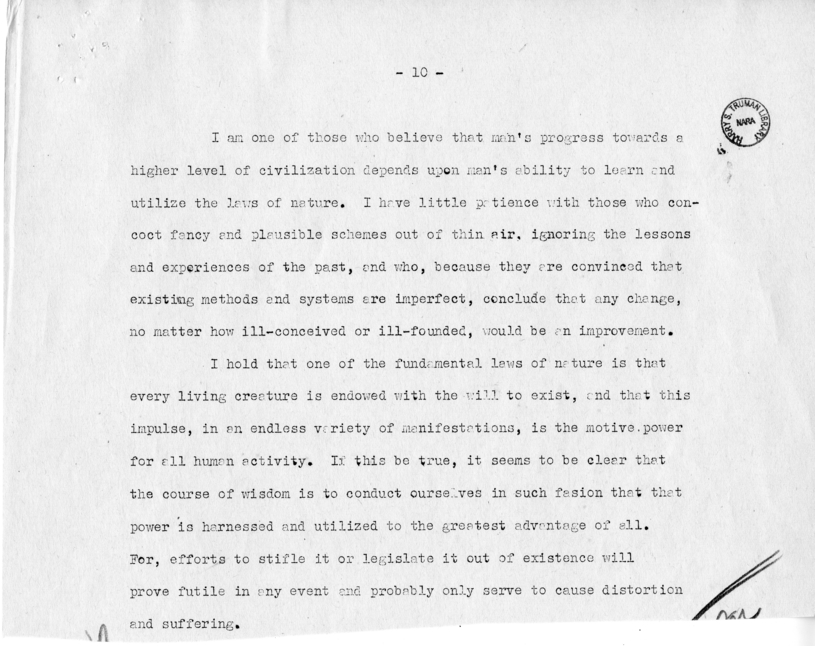 Draft Speech of Senator Harry S. Truman Before the Traffic Club of Baltimore, Maryland