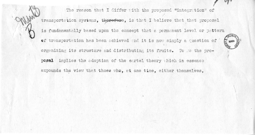 Draft Speech of Senator Harry S. Truman Before the Traffic Club of Baltimore, Maryland