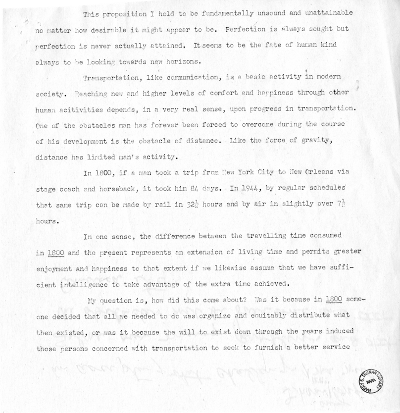 Draft Speech of Senator Harry S. Truman Before the Traffic Club of Baltimore, Maryland