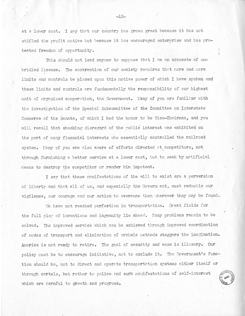 Draft Speech of Senator Harry S. Truman Before the Traffic Club of Baltimore, Maryland