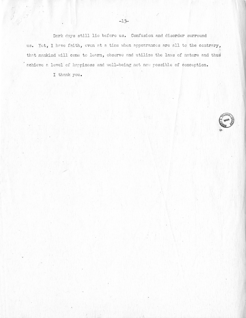 Draft Speech of Senator Harry S. Truman Before the Traffic Club of Baltimore, Maryland
