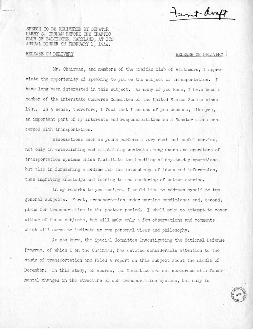 Speech of Senator Harry S. Truman Before the Traffic Club at Baltimore, Maryland