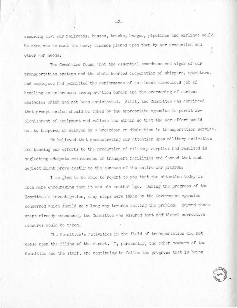 Speech of Senator Harry S. Truman Before the Traffic Club at Baltimore, Maryland