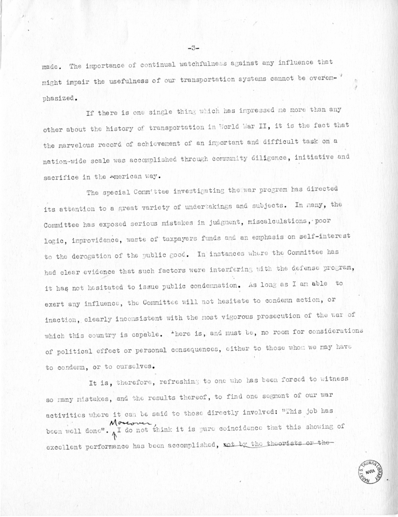 Speech of Senator Harry S. Truman Before the Traffic Club at Baltimore, Maryland