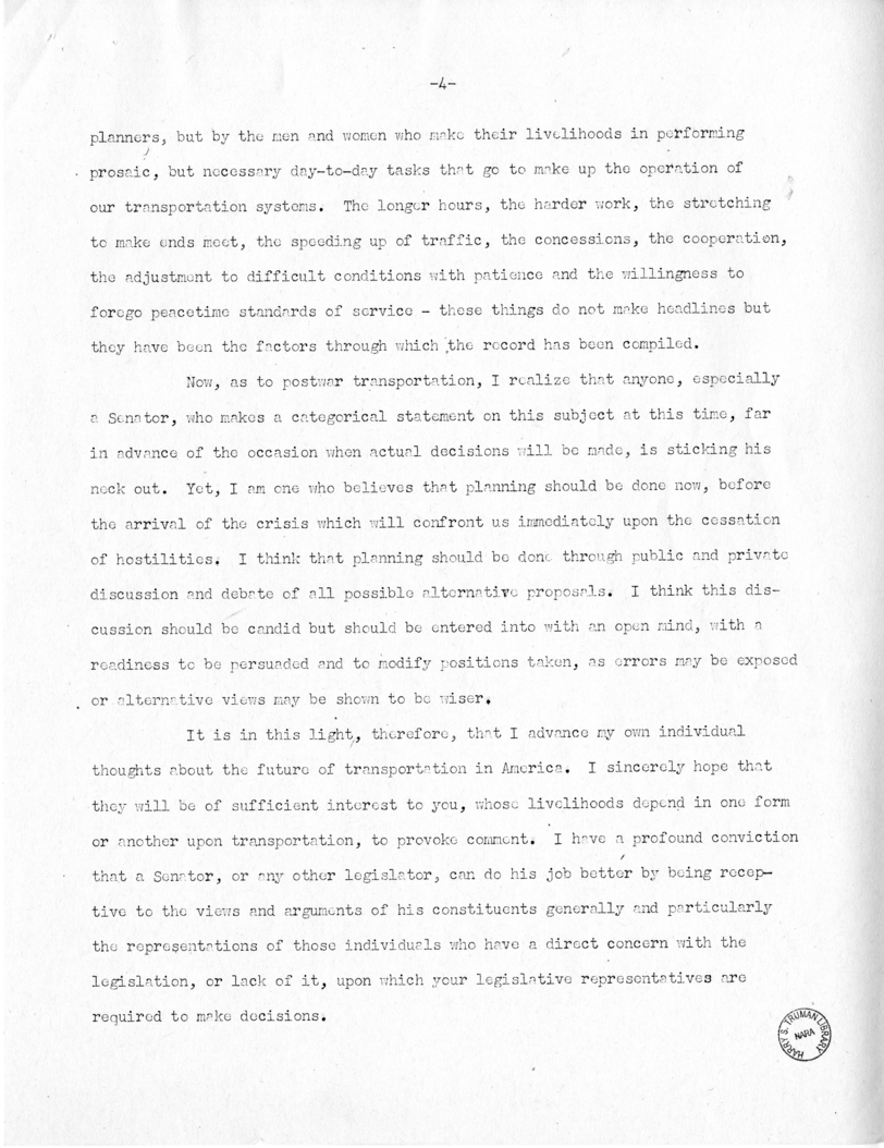 Speech of Senator Harry S. Truman Before the Traffic Club at Baltimore, Maryland
