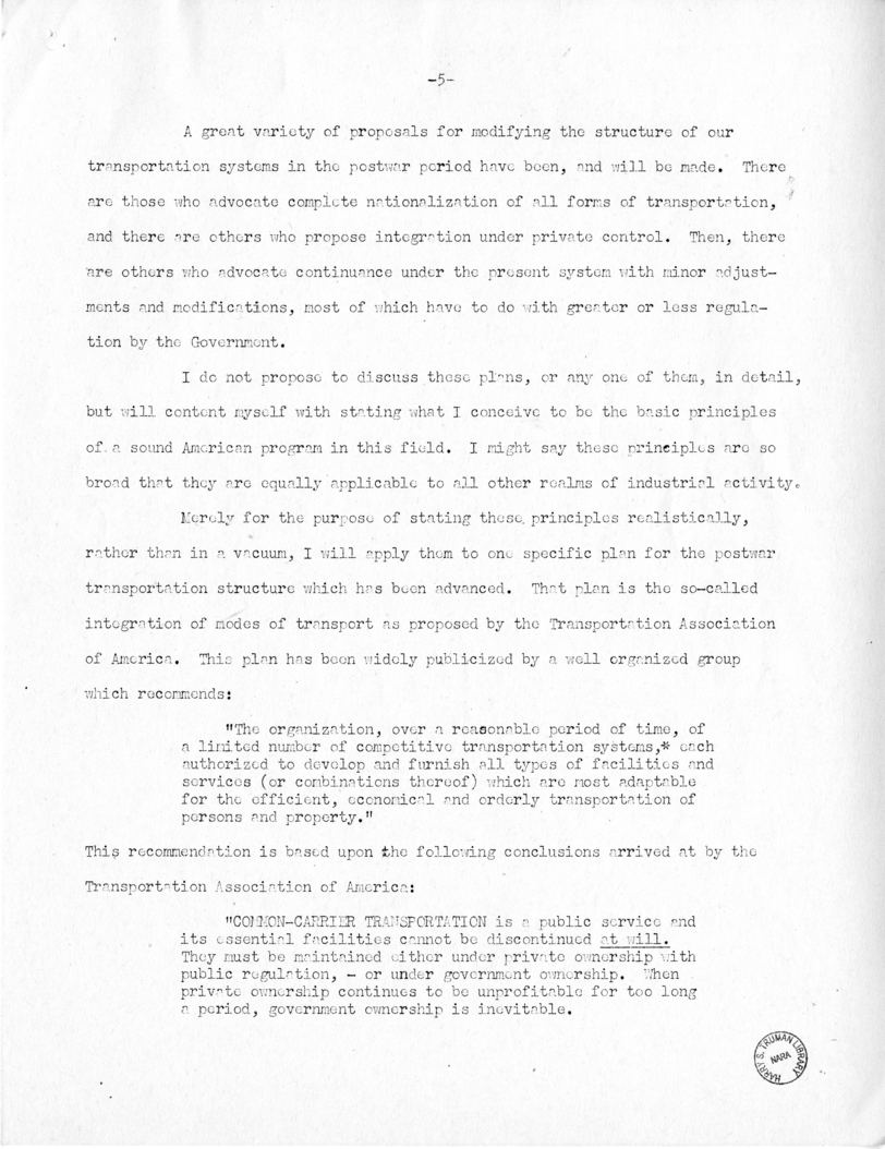 Speech of Senator Harry S. Truman Before the Traffic Club at Baltimore, Maryland