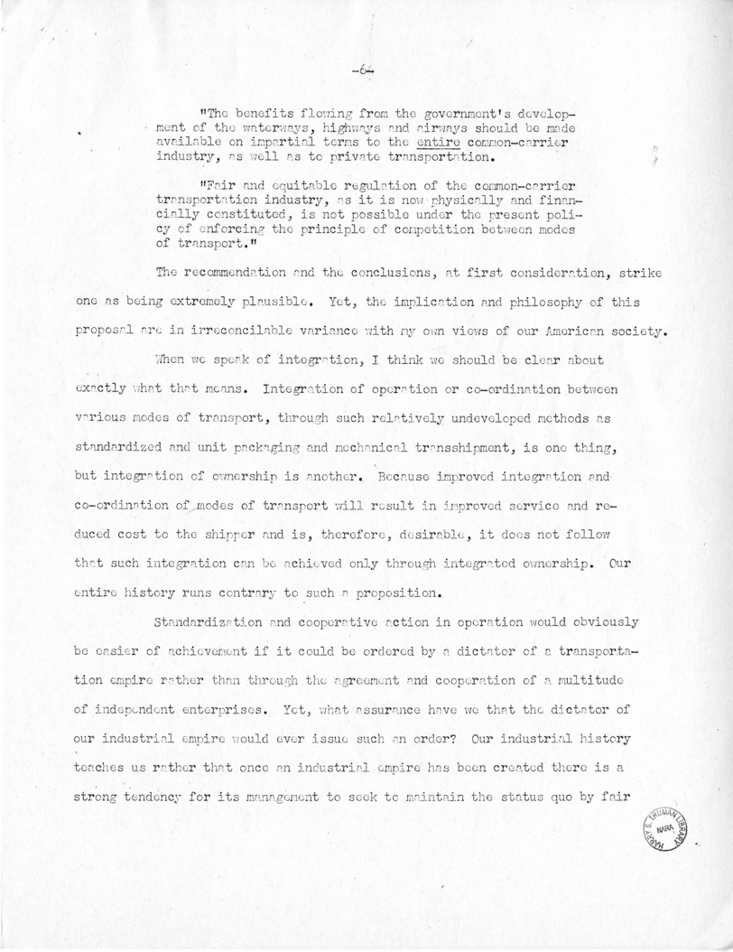 Speech of Senator Harry S. Truman Before the Traffic Club at Baltimore, Maryland