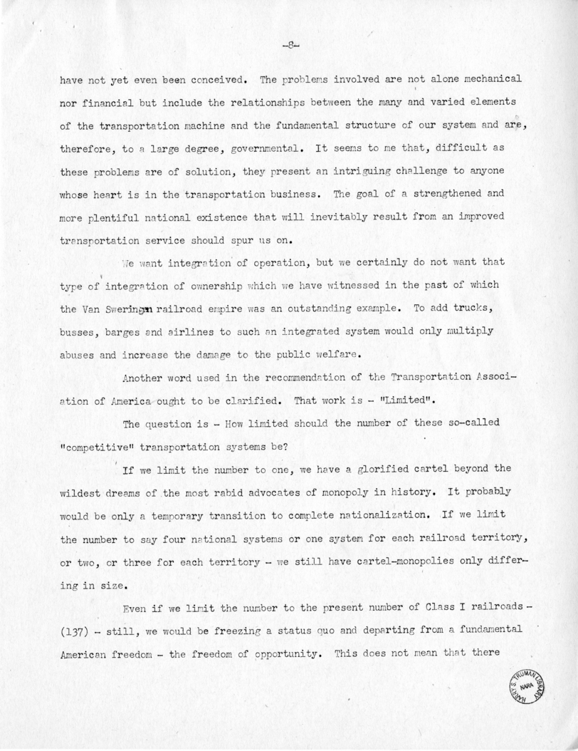 Speech of Senator Harry S. Truman Before the Traffic Club at Baltimore, Maryland