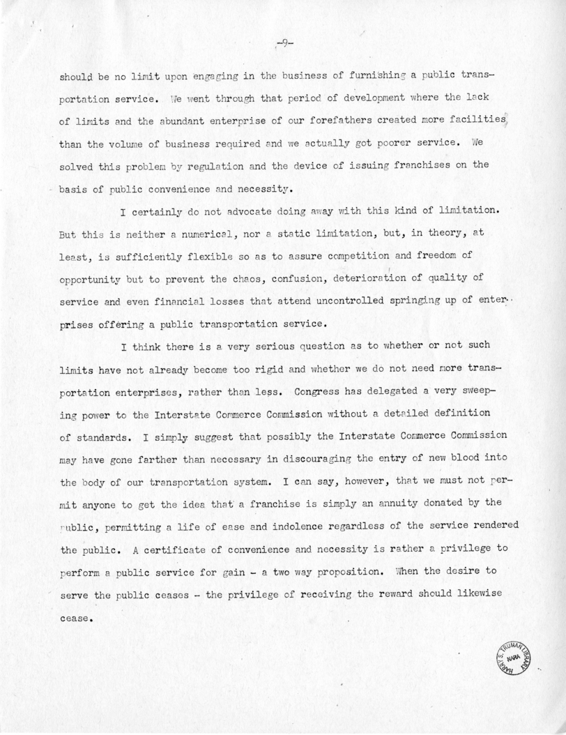 Speech of Senator Harry S. Truman Before the Traffic Club at Baltimore, Maryland