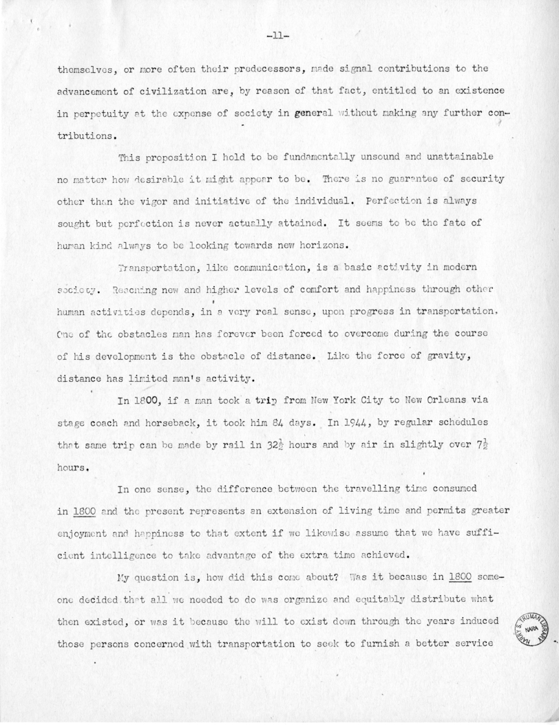 Speech of Senator Harry S. Truman Before the Traffic Club at Baltimore, Maryland