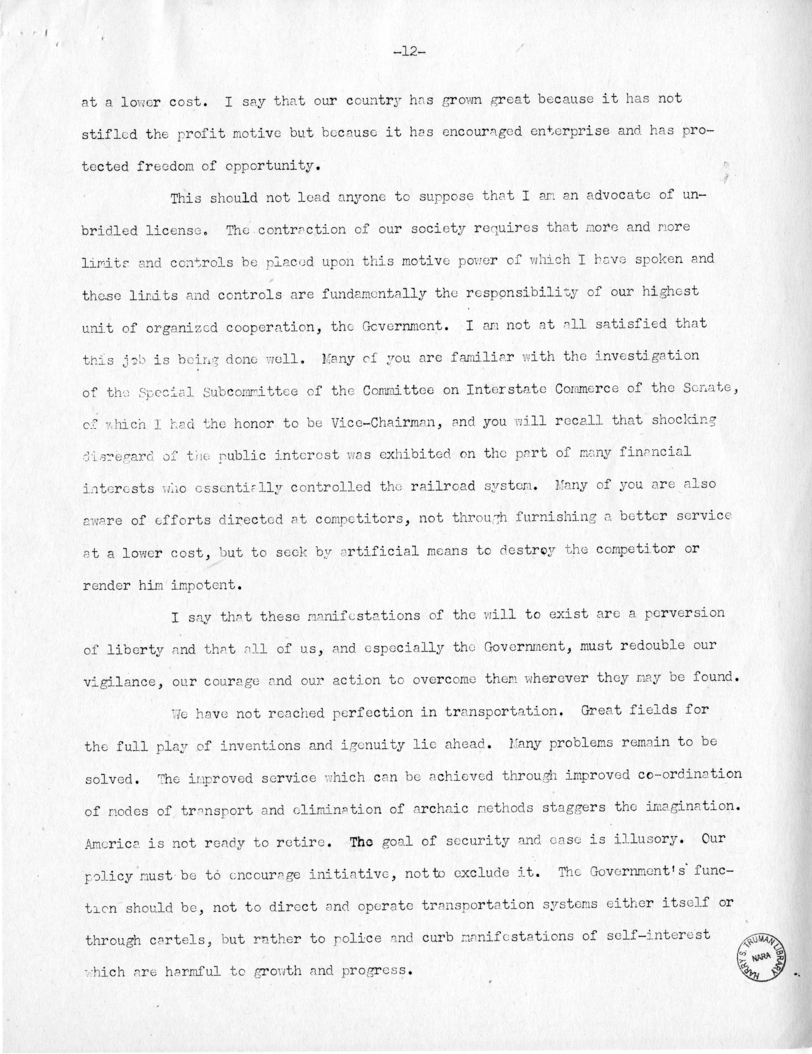 Speech of Senator Harry S. Truman Before the Traffic Club at Baltimore, Maryland
