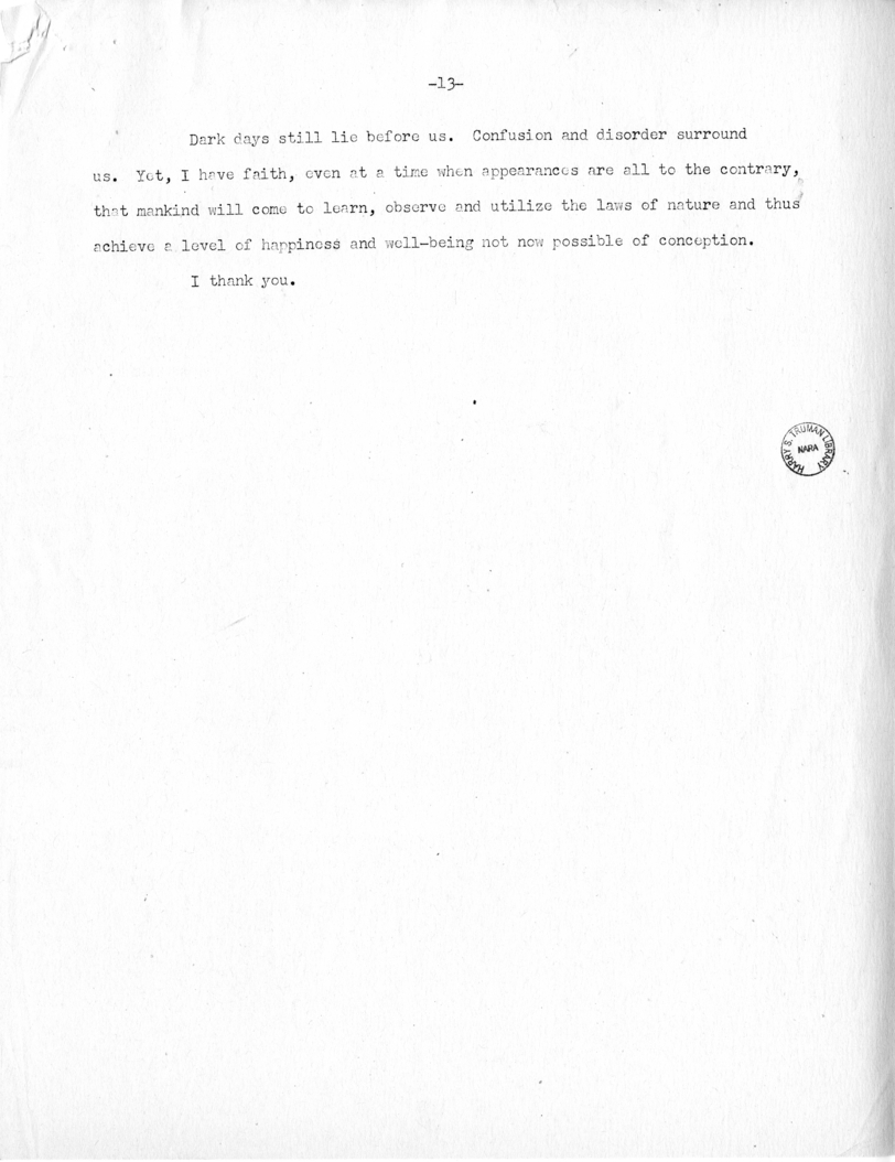 Speech of Senator Harry S. Truman Before the Traffic Club at Baltimore, Maryland