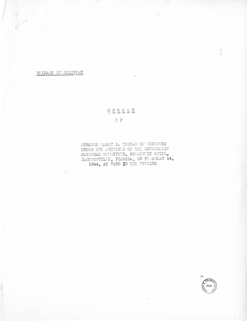 Speech of Senator Harry S. Truman at Jacksonville, Florida