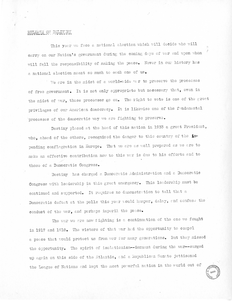 Speech of Senator Harry S. Truman at Jacksonville, Florida