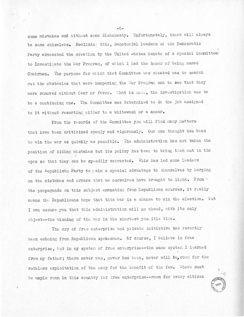 Speech of Senator Harry S. Truman at Jacksonville, Florida