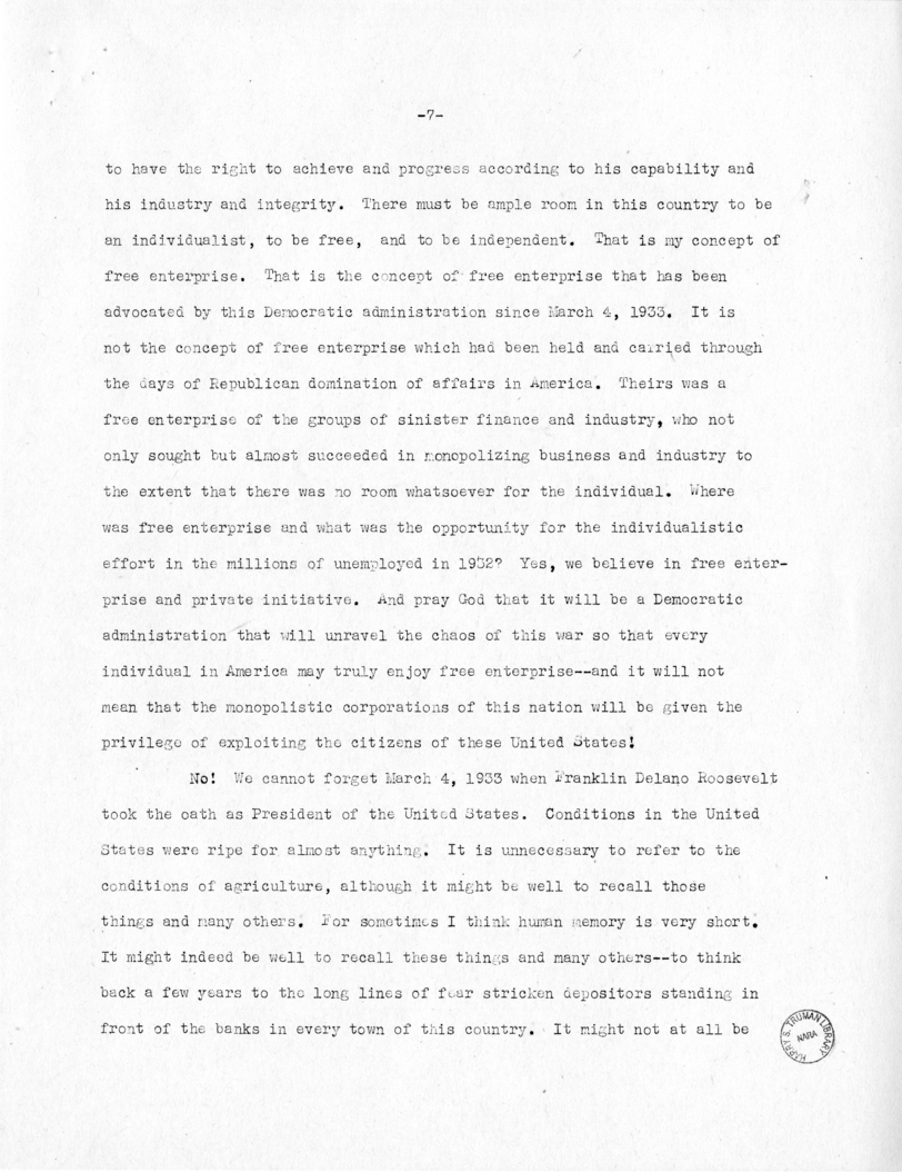 Speech of Senator Harry S. Truman at Jacksonville, Florida