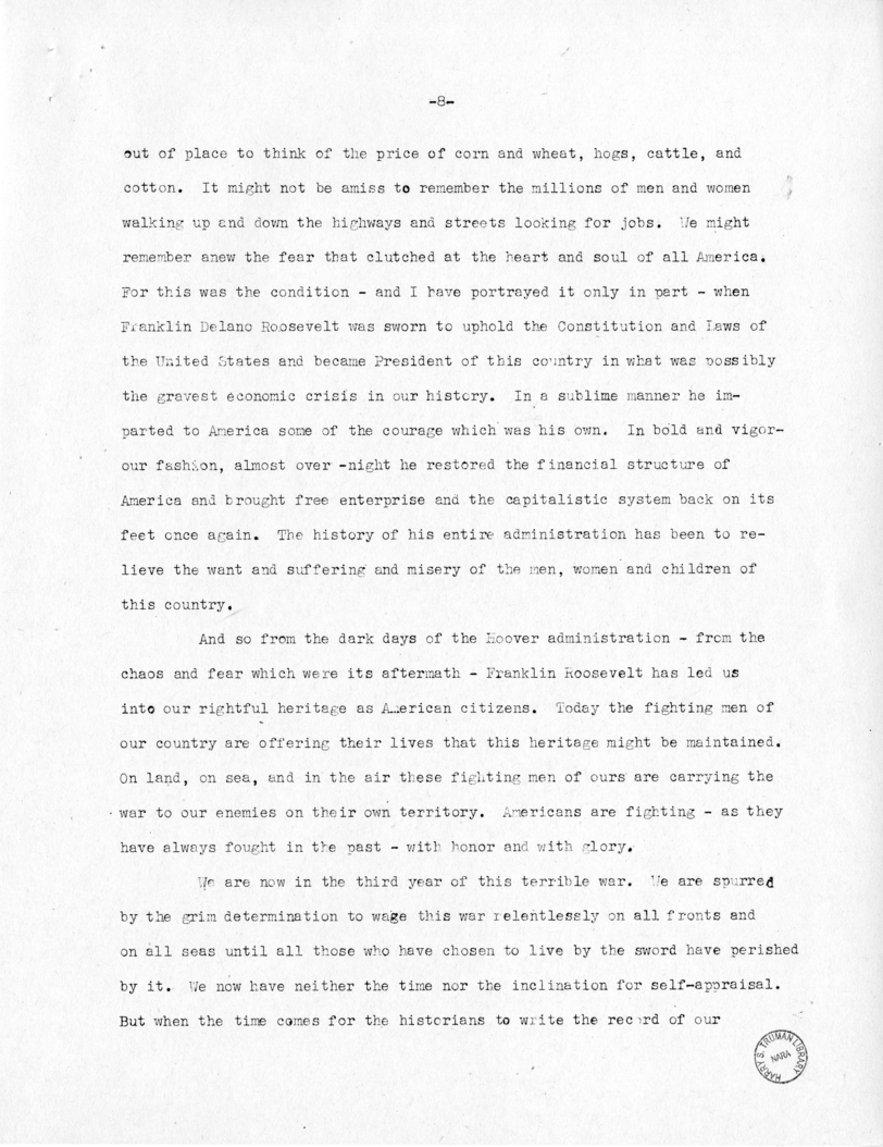 Speech of Senator Harry S. Truman at Jacksonville, Florida