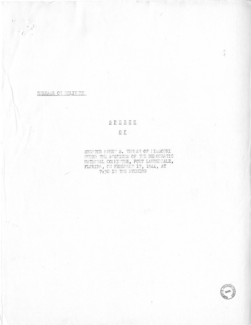 Speech of Senator Harry S. Truman at Fort Lauderdale, Florida