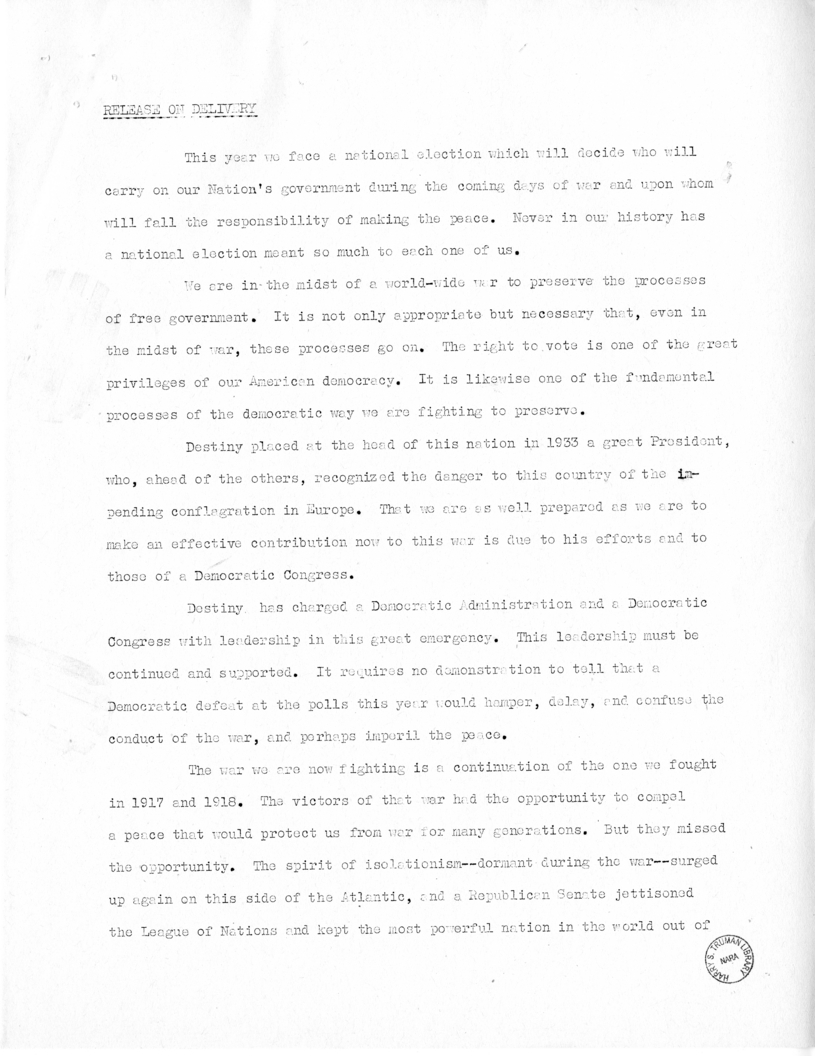 Speech of Senator Harry S. Truman at Fort Lauderdale, Florida