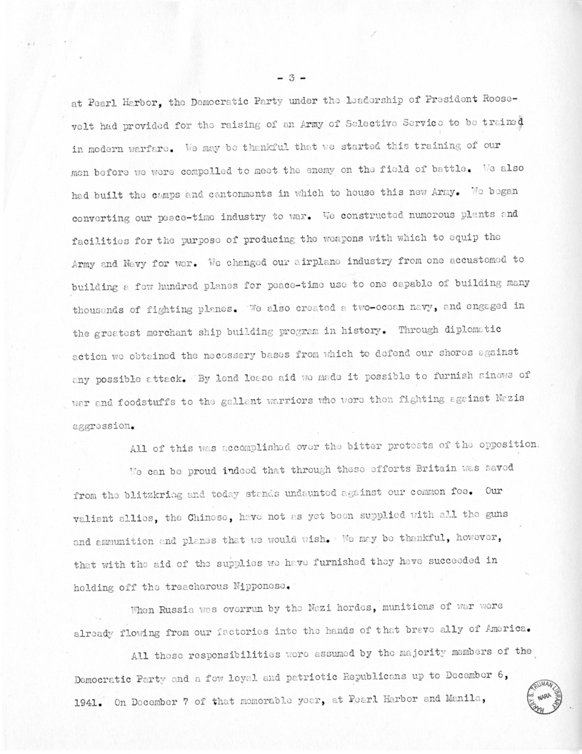 Speech of Senator Harry S. Truman at Fort Lauderdale, Florida