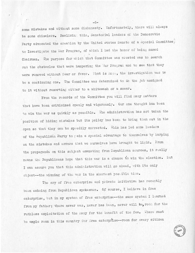 Speech of Senator Harry S. Truman at Fort Lauderdale, Florida