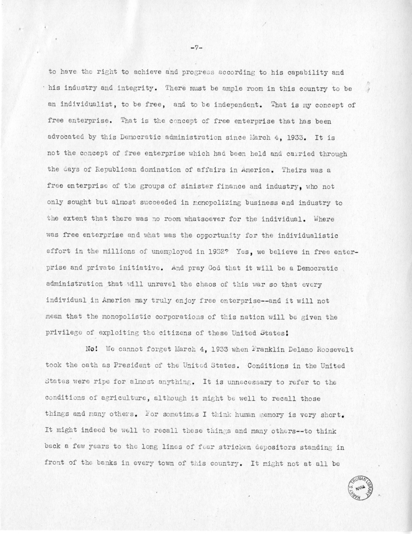 Speech of Senator Harry S. Truman at Fort Lauderdale, Florida