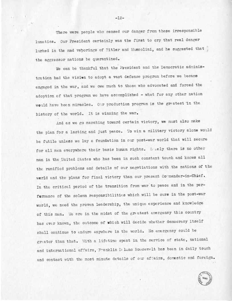 Speech of Senator Harry S. Truman at Fort Lauderdale, Florida