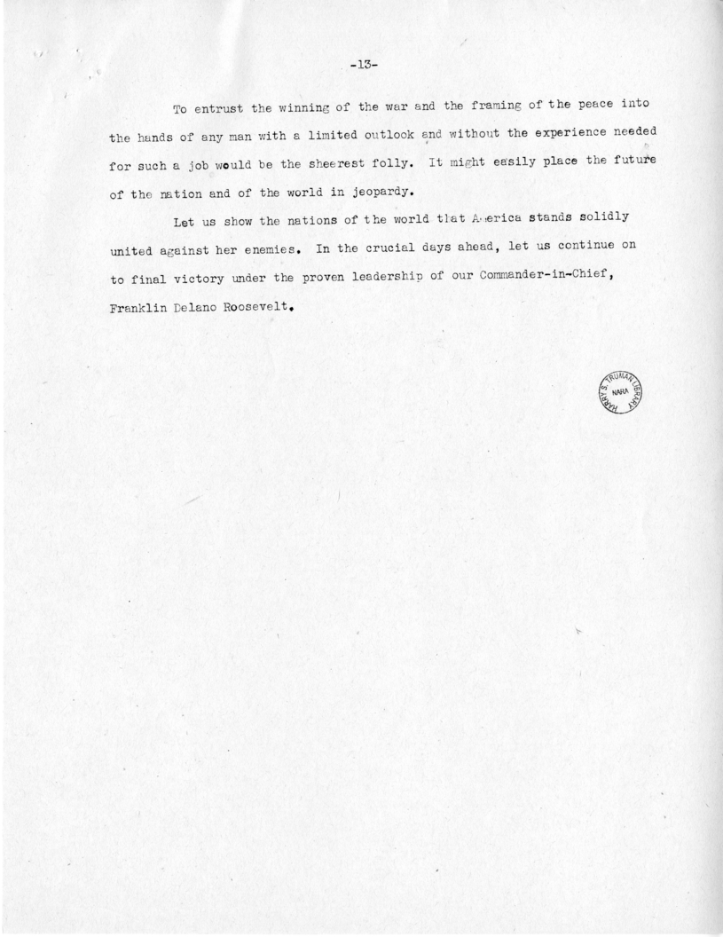 Speech of Senator Harry S. Truman at Fort Lauderdale, Florida