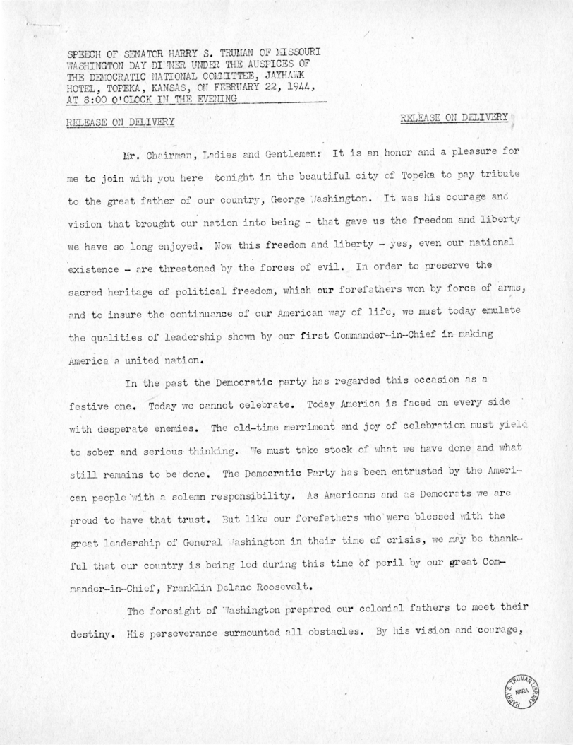Speech of Senator Harry S. Truman at Topeka, Kansas