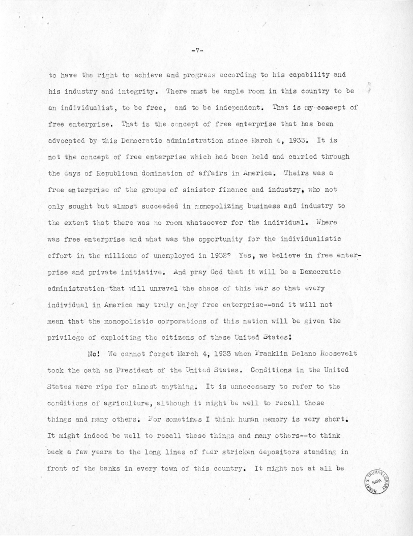 Speech of Senator Harry S. Truman at Topeka, Kansas