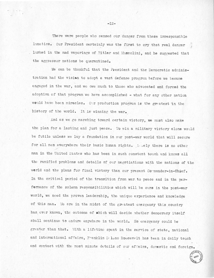 Speech of Senator Harry S. Truman at Topeka, Kansas