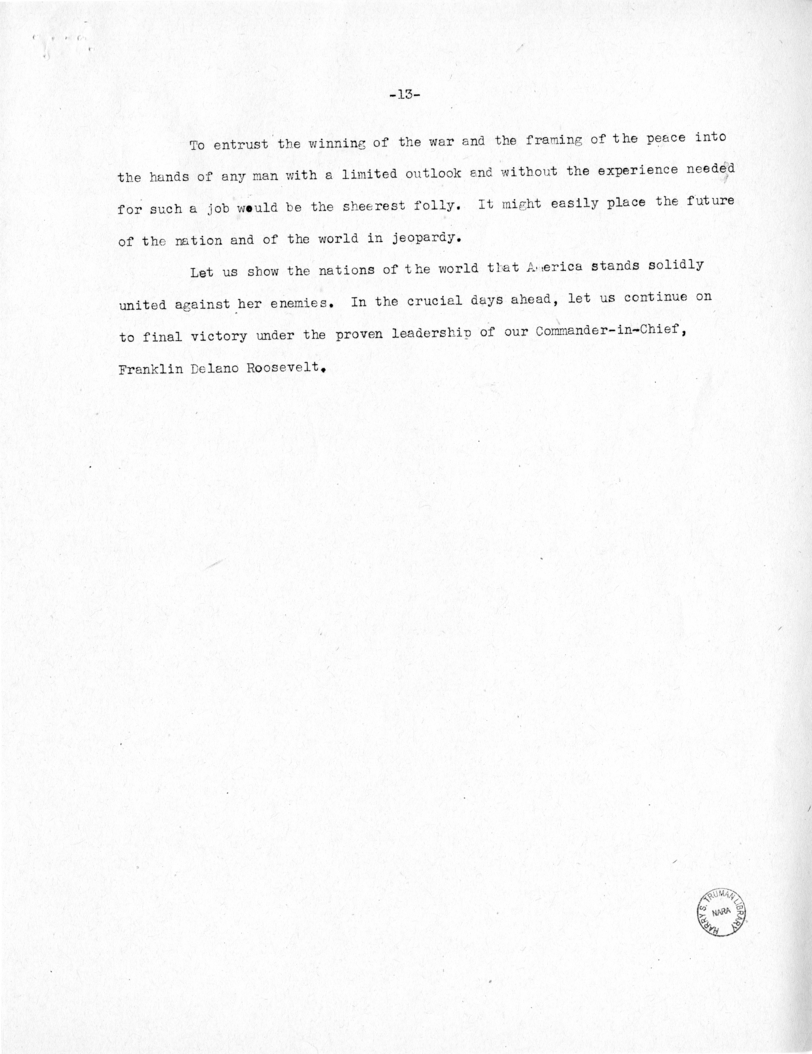 Speech of Senator Harry S. Truman at Topeka, Kansas